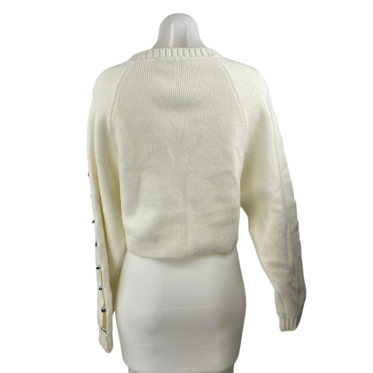 Zara Women's Cream White Studded Beaded Cutout Long Sleeve Crop Sweater Top Sz S