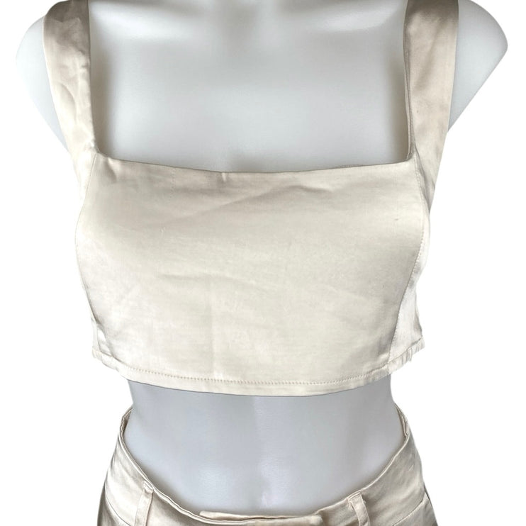 Princess Polly Cream Silky Satin Crop Top & WideLeg Trousers Matching Set Size 8
