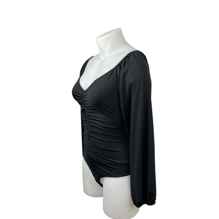 Lulus Women's Black Ruched Sweetheart Neck Long Puff Sleeve Bodysuit Top Size XL