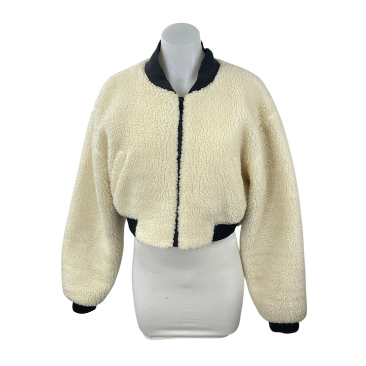 Adika Saint Women's Sherpa Fleece Faux Fur Long Sleeve Crop Bomber Coat Jacket M