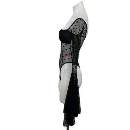Sugar Thrills Women's Black Mesh Sheer Hearts Long Bell Sleeve Bodysuit Top XXS