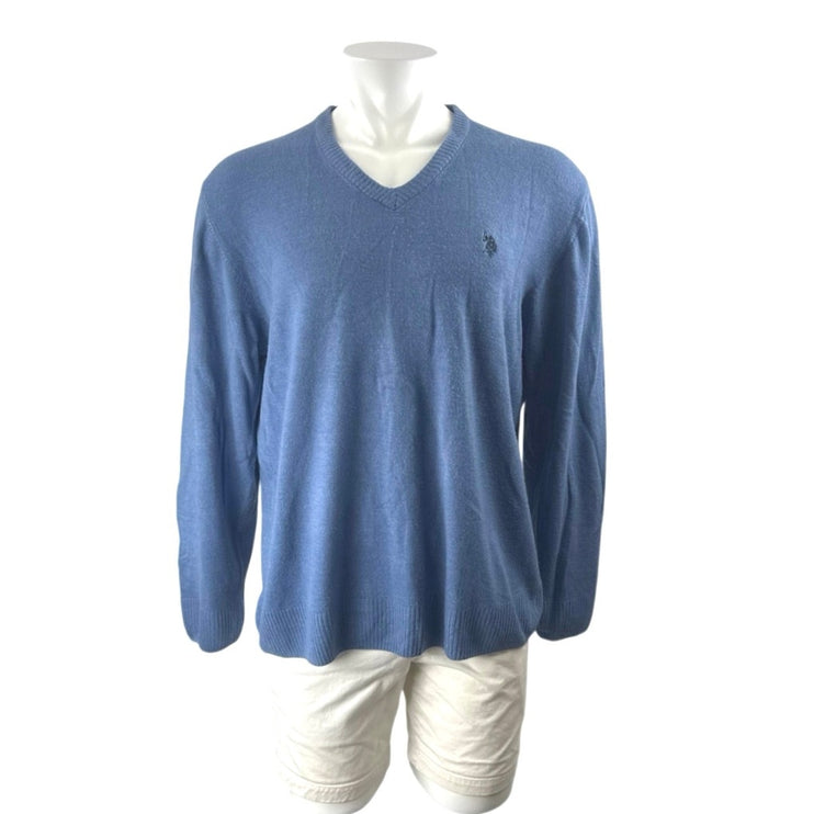 US Polo Assn Men's Blue Long Sleeve V Neck Knit Logo Acrylic Sweater Top Size XL