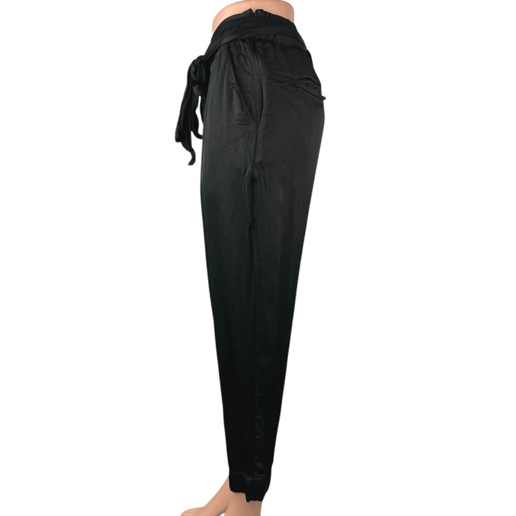 Anthropologie Black Silk Satin Tie Belt High Waist Ankle Crop Trousers Pants 2