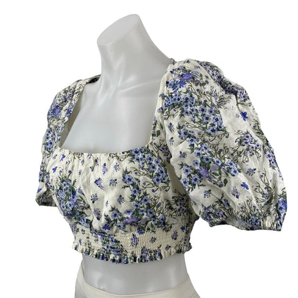 & Other Stories Blue White Floral Short Puff Sleeve Smocked Crop Blouse Top 4