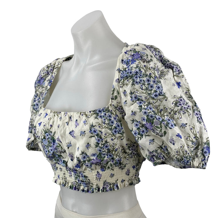 & Other Stories Blue White Floral Short Puff Sleeve Smocked Crop Blouse Top 4