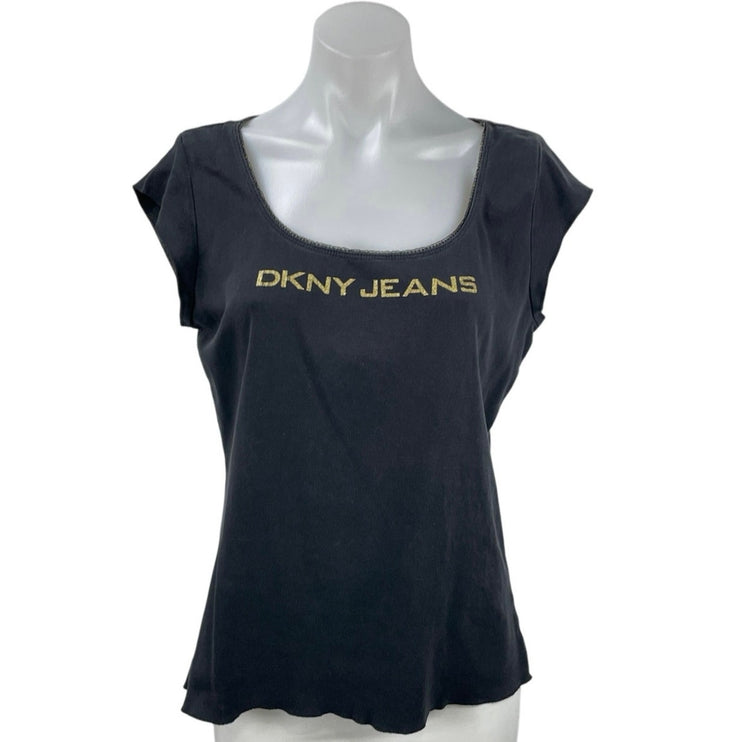 DKNY Jeans Women's Black Short Cap Sleeve Scoop Neck T Shirt Tee Top Size XL