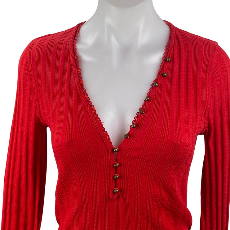 Free People We The Free Red Ribbed Knit Long Sleeve Henley V Neck Blouse Top M