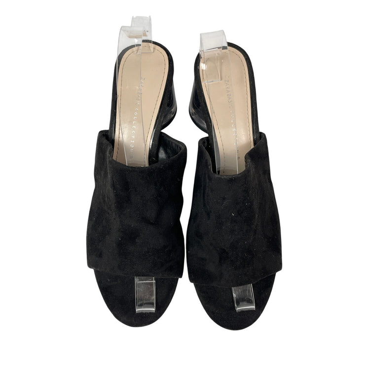 Zara Women's Black Faux Suede Clear Chunky Block Heel Open Toe Mule Heels Sz 7.5