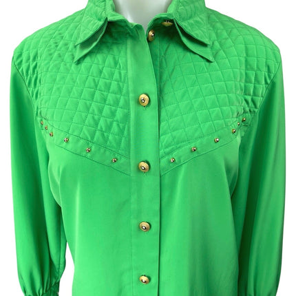 Louis Feraud Women's Green Quilted Long Sleeve Studded Button Down Shirt Top 6