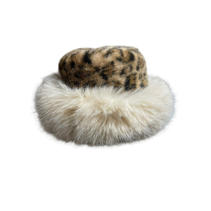 Women's Beige Leopard Animal Print Faux Fur Fluffy Winter Bucket Hat Cap OS