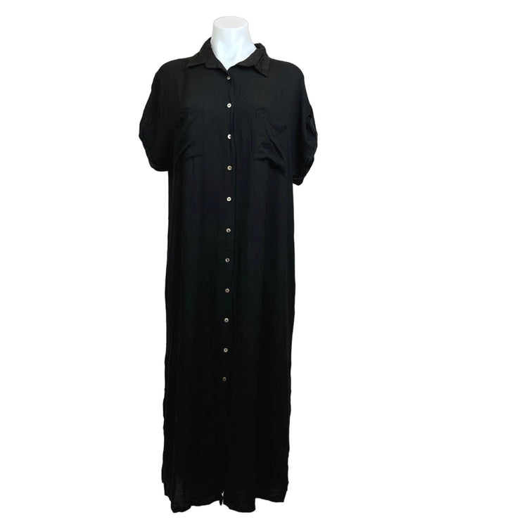 Aura Black Short Sleeve Button Down Side Slit Collar Pockets Maxi Shirt Dress M