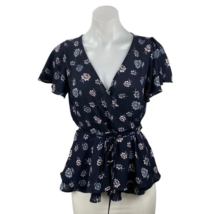 Ann Taylor LOFT Navy Blue Floral Short Flutter Sleeve Tie Wrap Peplum Blouse S