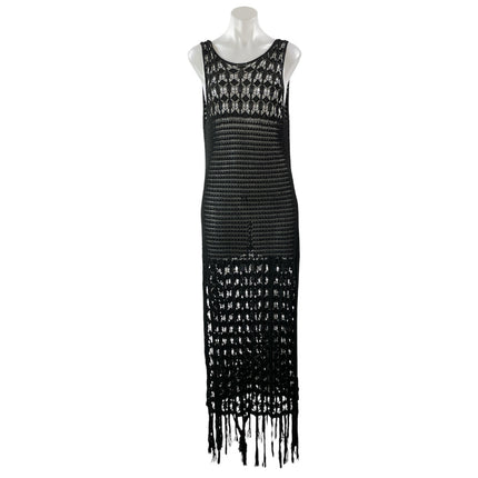 Zara Women's Black Sleeveless Open Knit Crochet Fringed Tasseled Maxi Dress Sz M