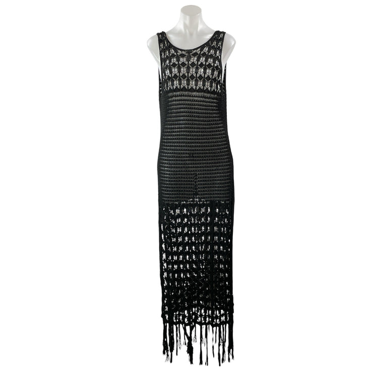 Zara Women's Black Sleeveless Open Knit Crochet Fringed Tasseled Maxi Dress Sz M