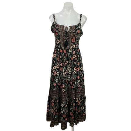 Angie Floral Smocked Tie Front Sweetheart Maxi Cami Tank Flare A-Line Dress Sz M