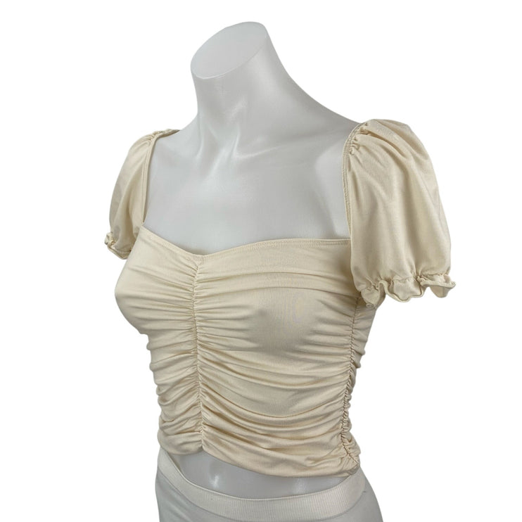 Reformation Fallow Womens Cream Ruched Puff Sleeve Square Neck Crop Blouse Top S