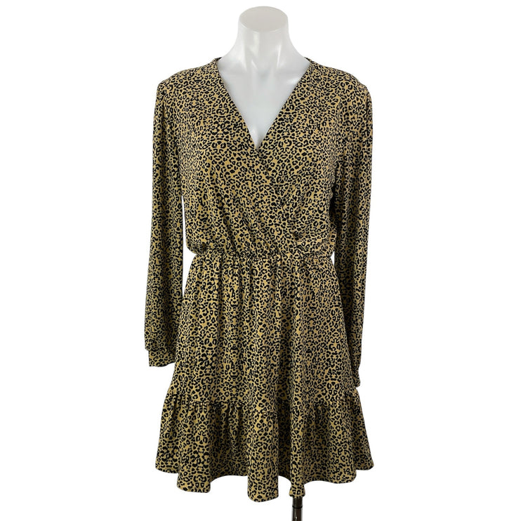 MNG Mango Brown Black Long Sleeves Leopard Print Tiered Faux Wrap Mini Dress 4