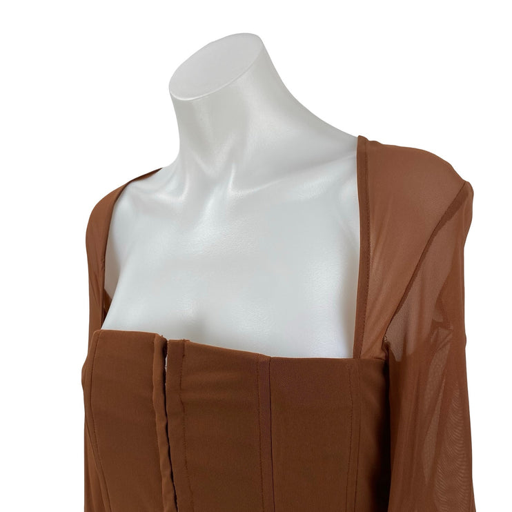 With Jean Al Women's Sheer Mesh Square Neck Long Sleeve Crop Corset Blouse Top M