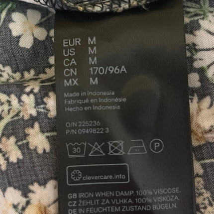 H&M Black Floral Daisy Peasant Long Sleeve V Neck Button Down Blouse Top Size M