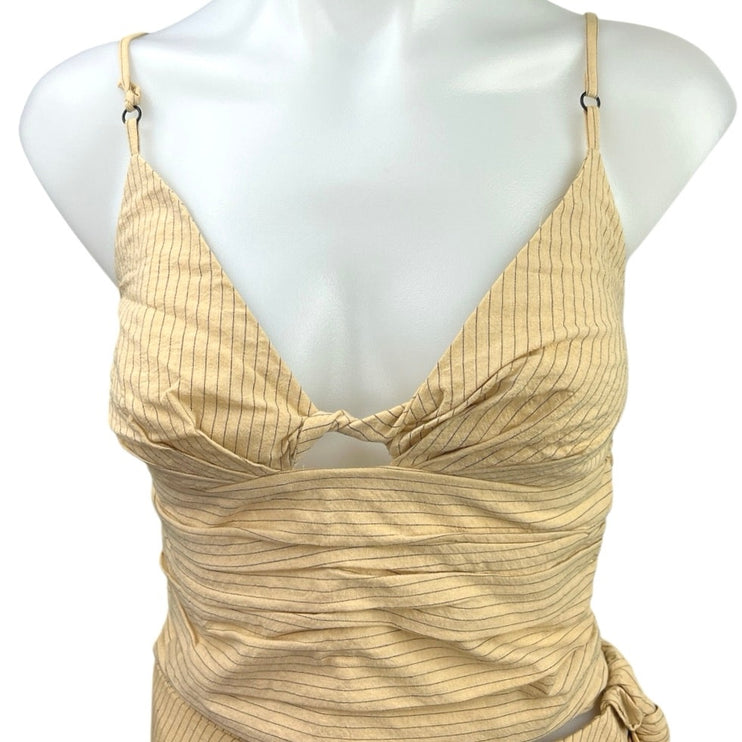 Zara Beige Striped Ruched Crop Top & Asymmetrical Mini Skirt 2 Piece Set XS/S