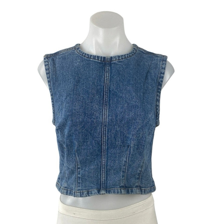 Abercrombie & Fitch Blue Sleeveless Crew Neck Zip Denim Jean Crop Top Size S
