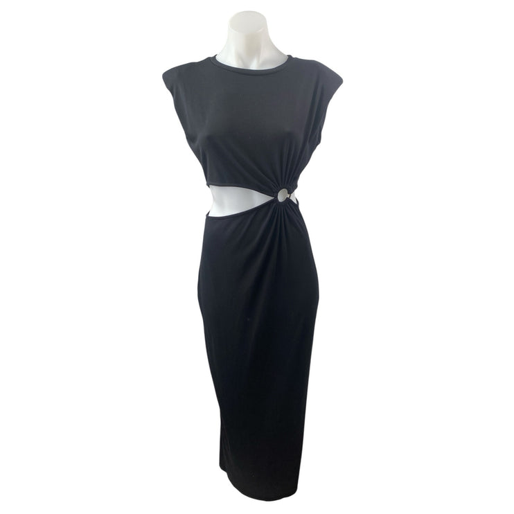 D'Abea Black Cap Sleeve Ring Cutout Waist Pencil Knit Sheath Midi Dress Size M