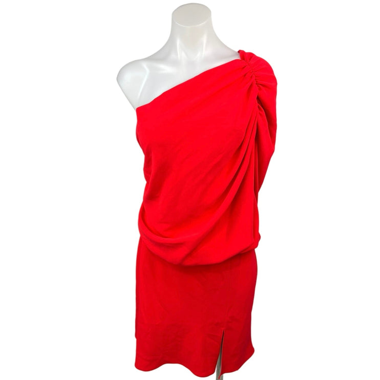 Amanda Uprichard Red One Shoulder Draped Slit Mini Blouson Dress Size L