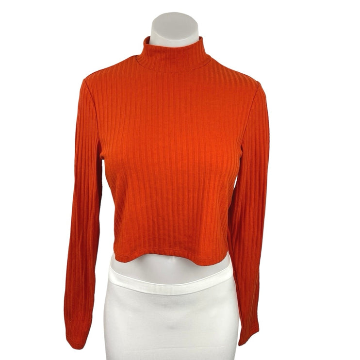 H&M Women's Red Ribbed Turtle Neck Stretch Long Sleeve Pullover Cropped Top Sz M