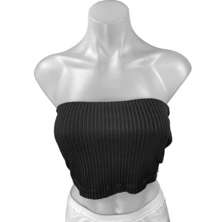 Kookai Women's Black Strapless Sleeveless Ribbed Knit Tube Bandeau Crop Top 1