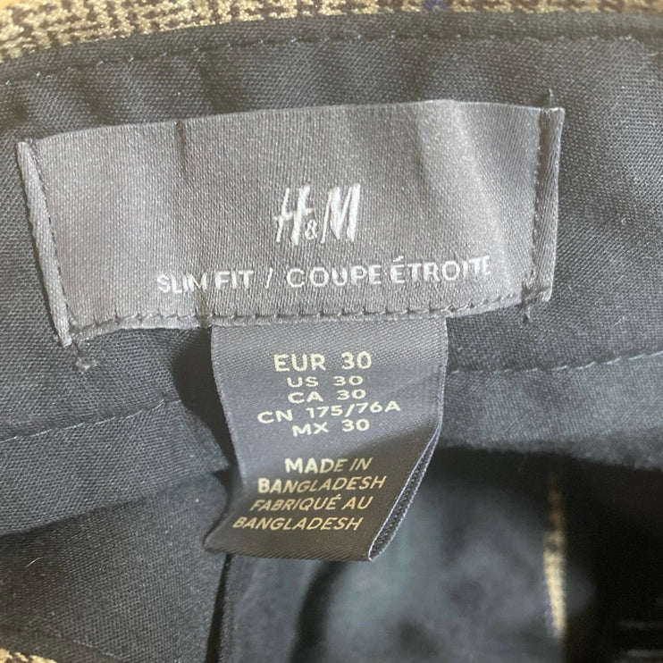 H&M Men's Beige Plaid Mid Rise Slim Fit Chino Straight Trousers Pants Size 30
