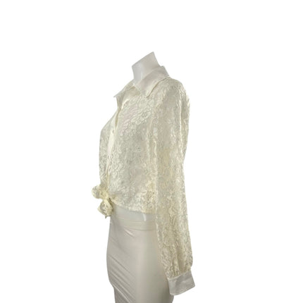 NEW Bebe White Floral Lace Collared Long Sleeve Button Down Shirt Blouse Top S