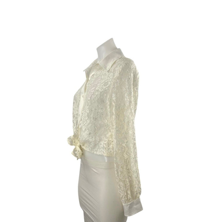 NEW Bebe White Floral Lace Collared Long Sleeve Button Down Shirt Blouse Top S