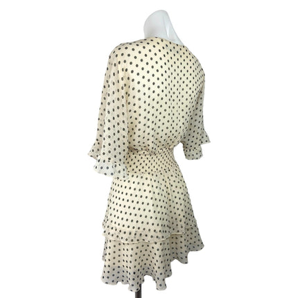 Zara Cream Black Polka Dot V-neck Ruffle Layered Smocked Chiffon Mini Dress Sz L