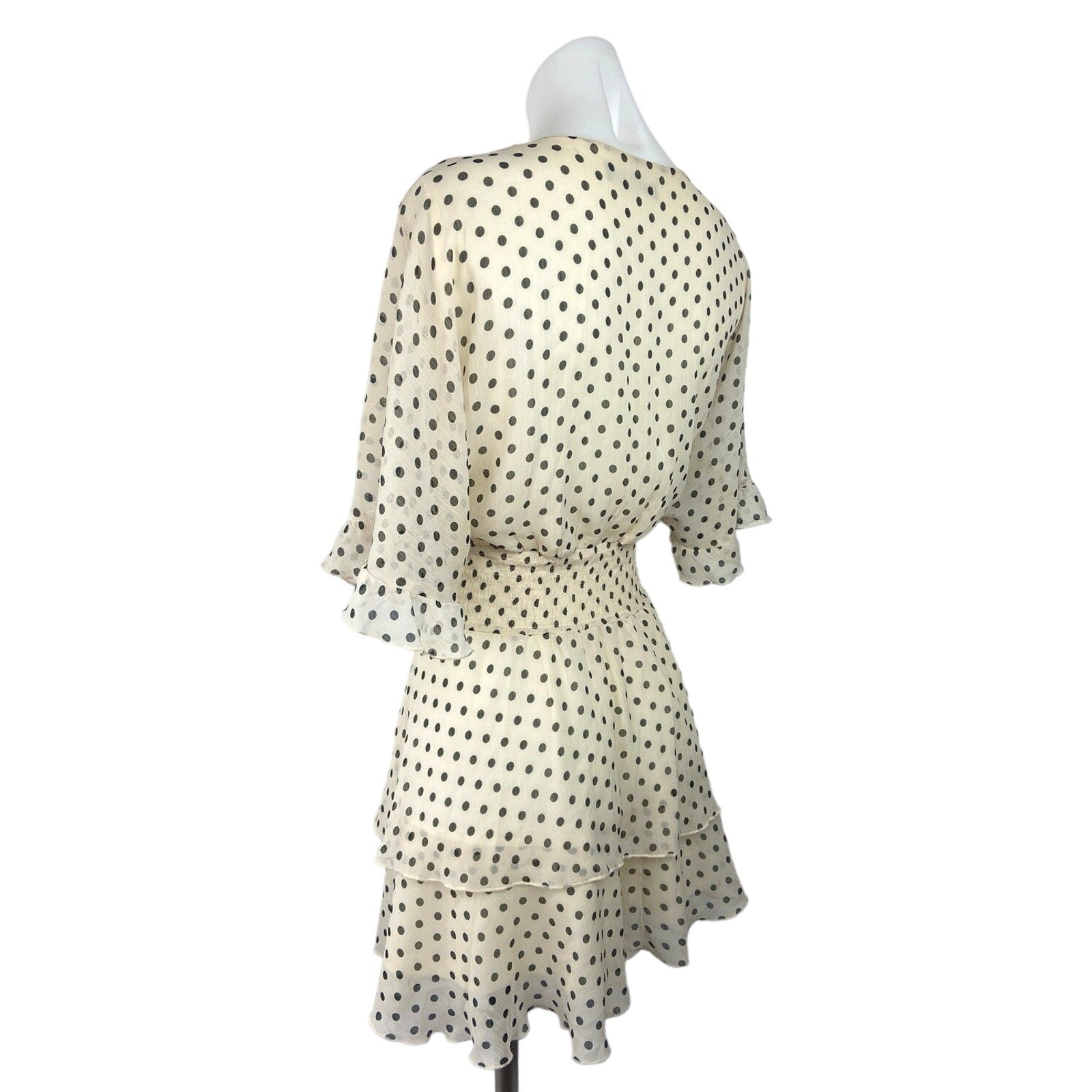 Zara Cream Black Polka Dot V-neck Ruffle Layered Smocked Chiffon Mini Brie Zara Cream Black Polka Dot V-neck Ruffle Layered Smocked Chiffon Mini Brie