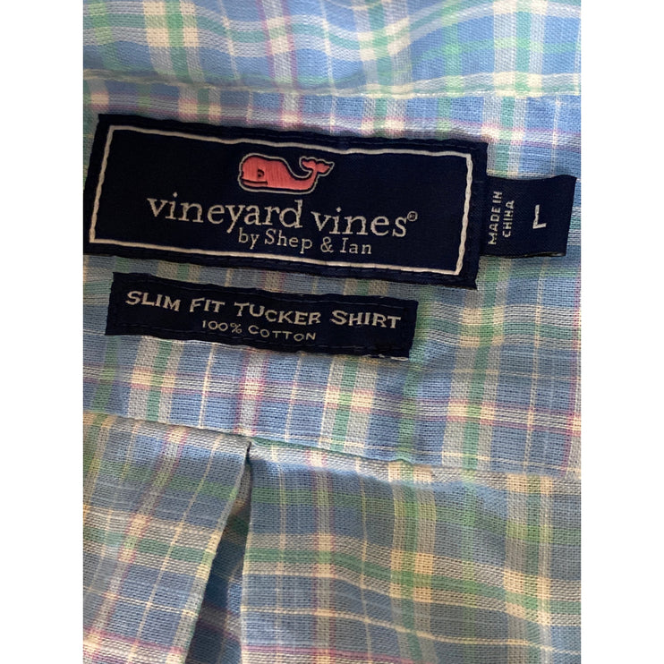 Vineyard Vines Men's Blue Plaid Flannel Long Sleeve Slim Fit Tucker Shirt Top L