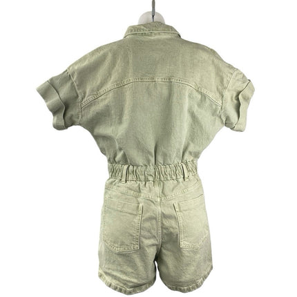 Zara Women's Green Short Sleeve Button Front Pocket Denim Jumpsuit Romper Size S