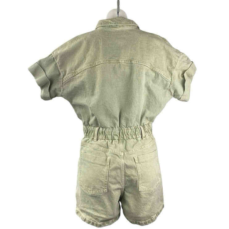 Zara Women's Green Short Sleeve Button Front Pocket Denim Jumpsuit Romper Size S