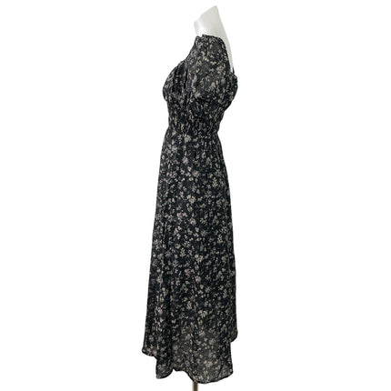 TAONAI Women's Black Short Puff Sleeves Floral Smocked Flowy A-line Midi Dress M