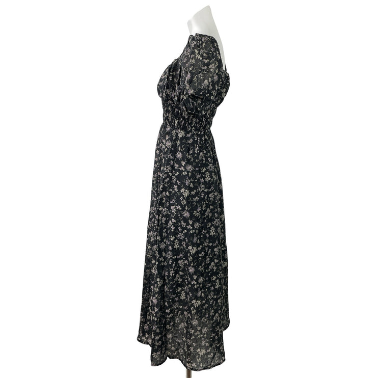 TAONAI Women's Black Short Puff Sleeves Floral Smocked Flowy A-line Midi Dress M