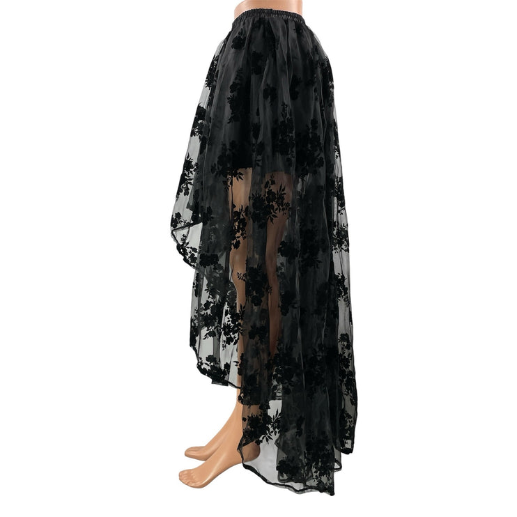 Women's Black High Waisted Floral Asymmetrical Hem Lace Mesh Hi-Low Maxi Skirt S