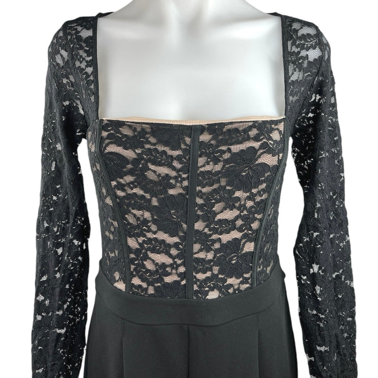 Express Women's Black Lace Bodice Zipper Square Neck Long Sleeve Jumpsuit Size 8