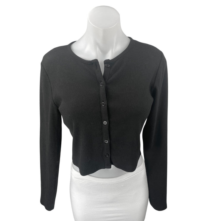 Zara Black Ribbed Knit Long Sleeve Button Up Cardigan Sweater Crop Top Size L