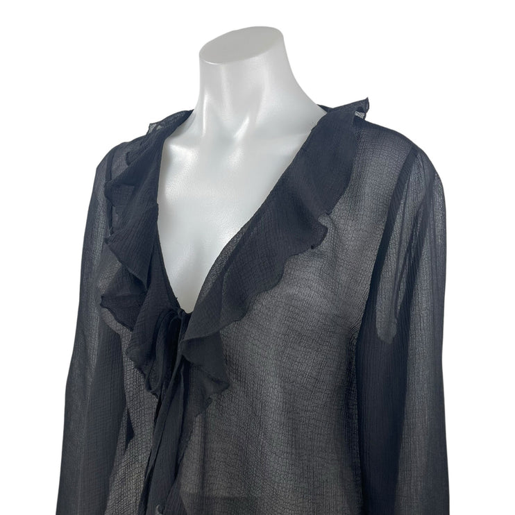 Zara Women's Black Plunge V-neck Ruffle Collar Long Sleeve Sheer Blouse Top Sz M