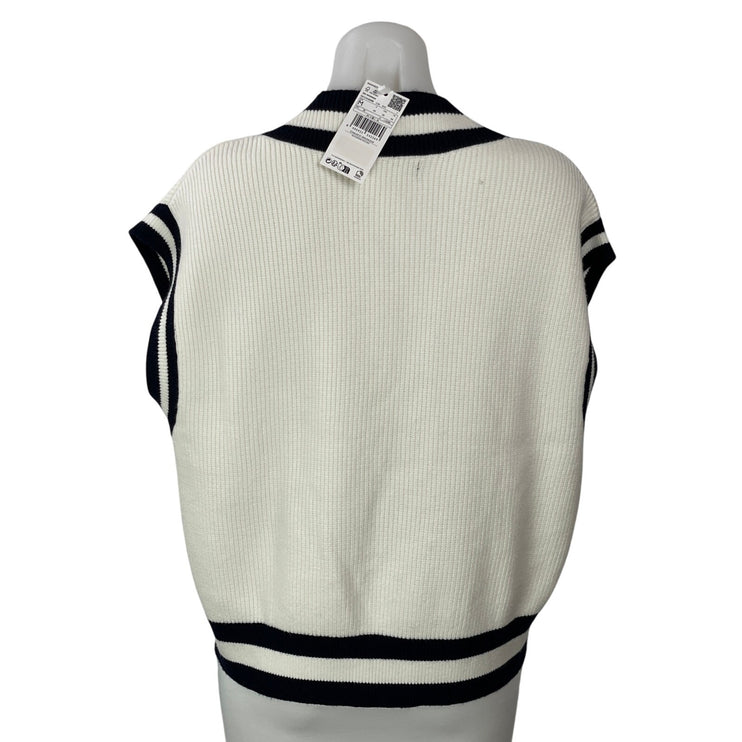 NEW MNG Mango Women White Black V Neck Gilet Ribbed Knit Sweater Tank Top Size M
