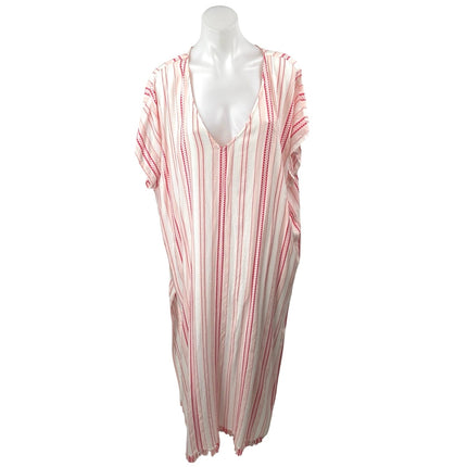 NEW En Creme White Red Striped V-neck Short Sleeve Maxi Kaftan Dress Size 18