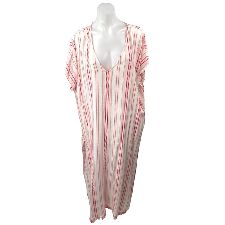 NEW En Creme White Red Striped V-neck Short Sleeve Maxi Kaftan Dress Size 18