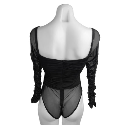 Princess Polly Delany Black Long Sleeve Ruched Square Neck Sheer Bodysuit Top 4