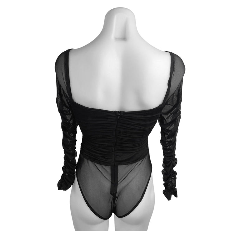 Princess Polly Delany Black Long Sleeve Ruched Square Neck Sheer Bodysuit Top 4