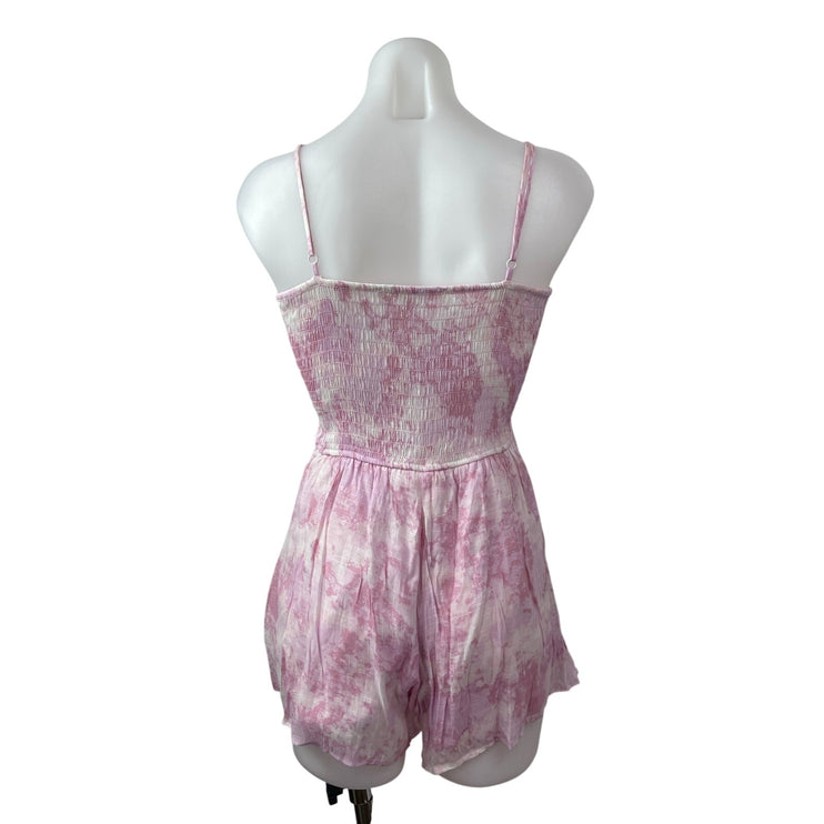 ROWA Pink Floral Ruffle Smocked Sleeveless Pleated Cami Romper Shorts Size S