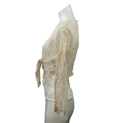 PALME Cream Lace Long Sleeves Sheer Embroidered Tie Front Crop Blouse Top Sz S/M